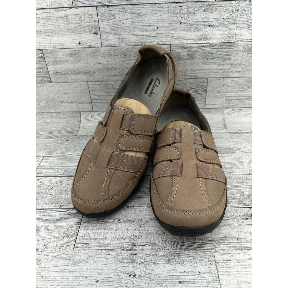 Clarks Women's Taupe Leather Elastic Strap Comfort Loafer Shoes Size 8